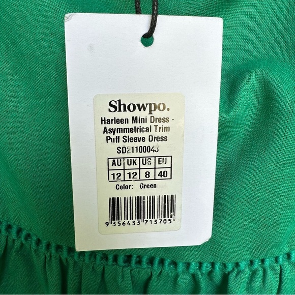 NWT Showpo Harlem Asymmetrical Puff Sleeve Mini Dress Cotton Linen Green US 8 - Picture 7 of 8